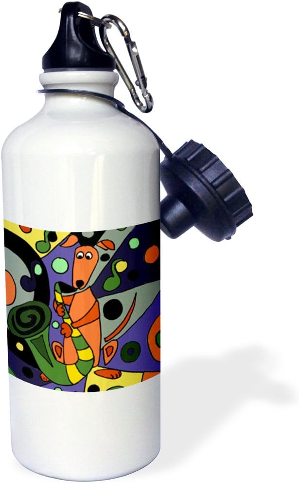 3dRose "Funny Greyhound Dog Playing Saxophone Modern Abstract Art" Sports Water Bottle, 21 oz, White