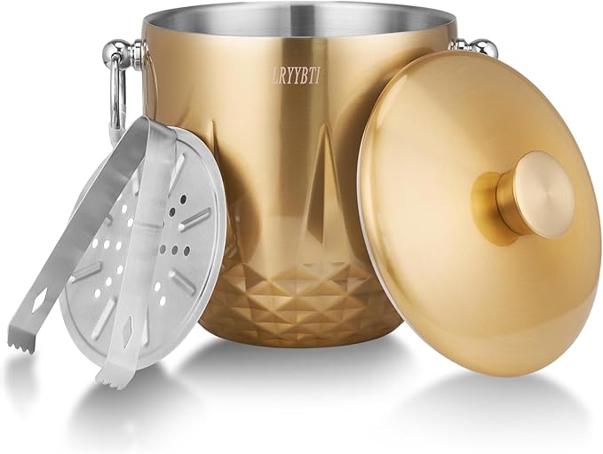 Ice Bucket with Lid, 3L Double Wall Stainless Steel Ice Bucket Keeps Frozen Longer, Insulated Ice Bucket with Tong and Strainer, Perfect for Parties, Cocktail bar, Wine, Champagne, Gold