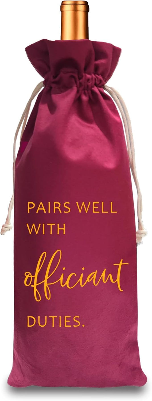 TBITON Wedding Officiant Wine Bag,Officiant Wine Bag,Pairs Well With Wedding Officiant Duties,Officiant Gift,Officiant Wedding Gift, Burlap Drawstring Wine Bag (Officiant-Red)