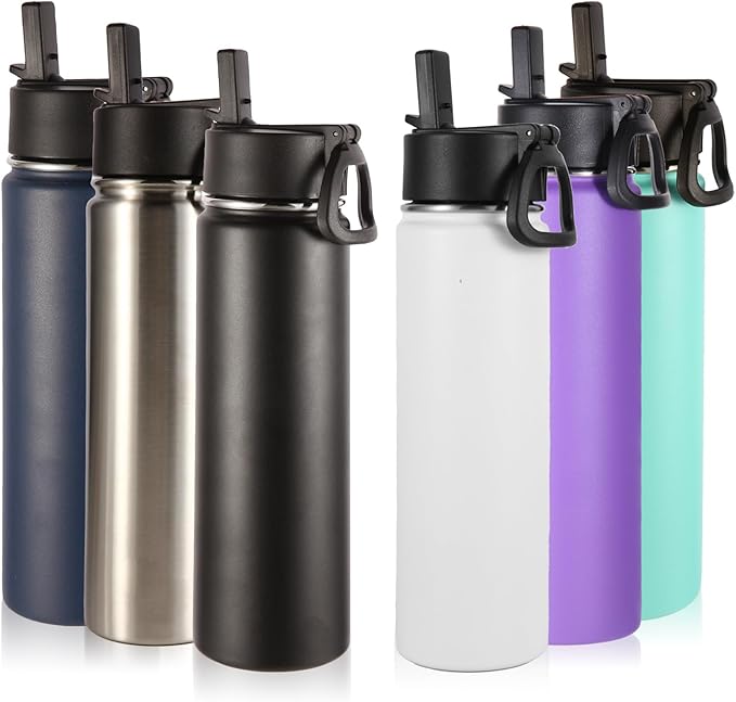Volhoply 24oz Insulated Water Bottle With Straw Bulk 6 Pack,Metal Wide Mouth Water Bottles With Handle Lid Keep Cold,Reusable Double Wall Thermos,Powder Coated Sport Bottle For Holder(Mix,6 Count)