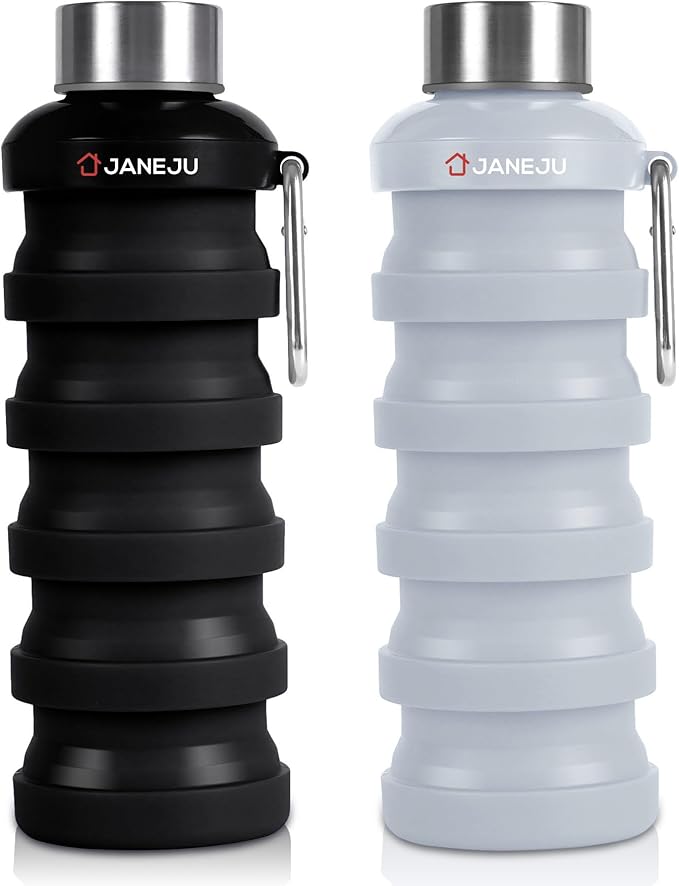 JaneJu Collapsible Water Bottle, 17oz BPA Free Silicone Reusable Portable Lightweight Foldable Water Bottles with Carabiner, Portable Leak Proof Sports Water Bottle (black&white)