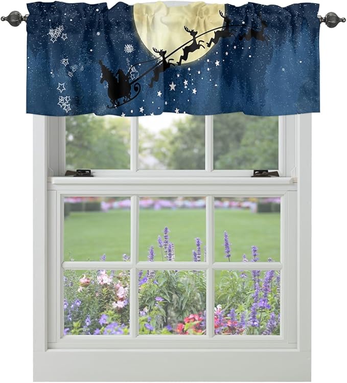 Christmas Kitchen Curtains Valances for Windows Santa Claus Reindeer Rod Pocket Window Treatment for Kitchen/Living Room/Bedroom/Bathroom,42" X 12" -1 Panel, Blue Snowy Night