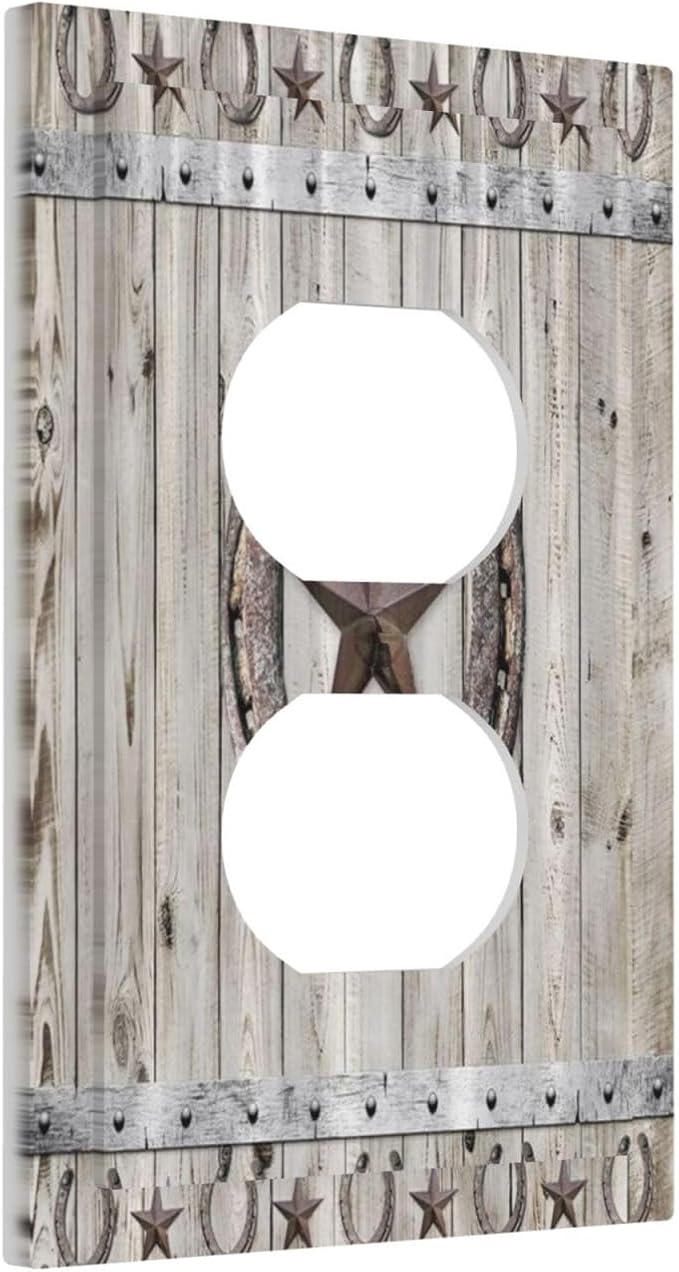Rustic Western Wood Barn Door Horseshoe Iron Star Single Duplex Wall Plate Covers Light Switch Cover 1 Gang Outlet Plate Decorative Switchplate Covers Electrical Faceplate for Farmhouse Bedroom