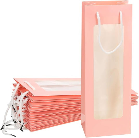 uxcell Wine Bags, 20pcs 4.92"x3.35"x14.2" Wine Gift Bags with Rope Handles, Paper Wine Tote Bag with Clear Window for Wedding Birthday Christmas Party Supplies, Pink