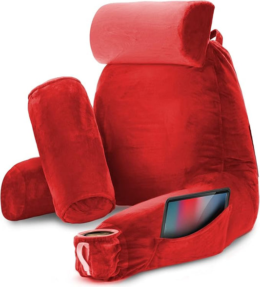 Nestl Reading Pillow Large Bed Pillow, Back Pillow for Sitting in Bed Shredded Memory Foam Chair Pillow, Reading & Bed Rest Pillows Cherry Red Back Pillow for Bed, Bed Chair Arm Pillow with Pockets