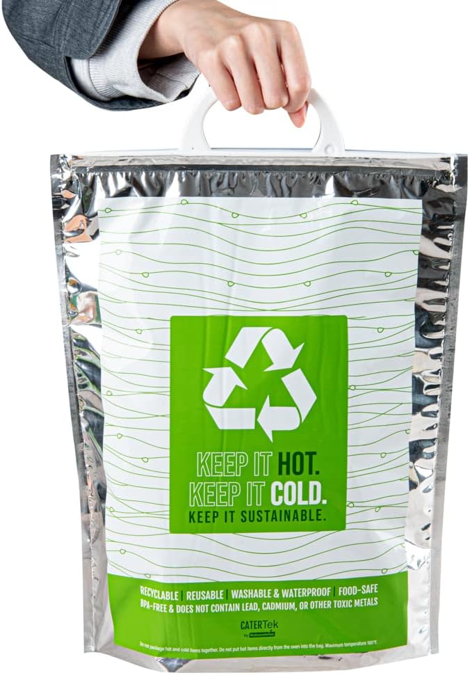 Restaurantware Cater Tek 11.8 x 5.9 x 15 Inch Hot And Cold Bags 10 Triple Layer Insulated Bags - Snap Lock Handles Waterproof Green & Silver Plastic Thermal Lunch Bags For Frozen & Hot Items