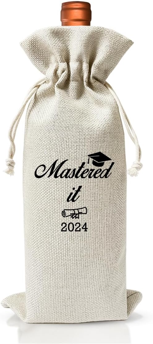 Masters Degree Gift Wine Bag For Bachelors Grad, Funny Masters Graduation Party Decoration, Mastered It 2024, Graduation Party Decoration, Farewell Masters Degree Gift, Reusable Drawstring Burlap Bag