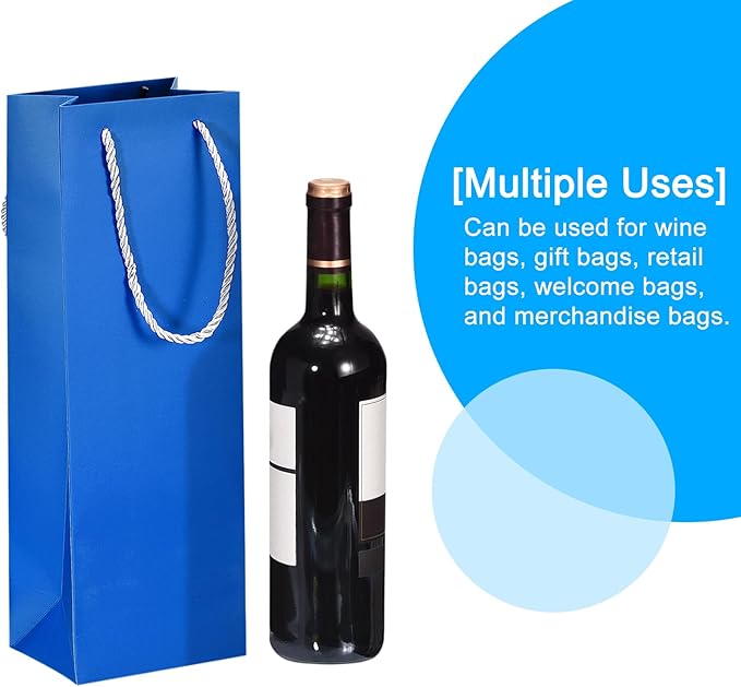 uxcell Wine Bags, 12pcs Blue 5 x 4 x 14 In Wine Gift Bags with Rope Handles Paper Wine Tote Bag for Wedding Birthday Christmas Party Supplies