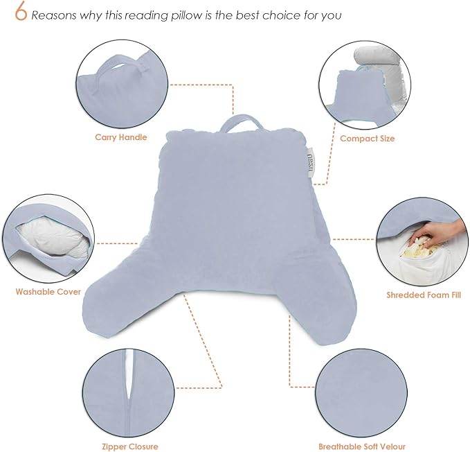 Nestl Reading Pillow Standard Bed Pillow, Back Pillow for Sitting in Bed Shredded Memory Foam Chair Pillow, Reading & Bed Rest Pillows Ice Blue Back Pillow for Bed, Bed Chair Arm Pillow with Pockets