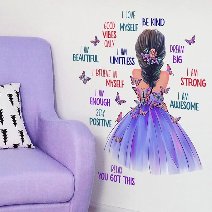Butterfly Girl Inspirational Wall Stickers, Motivational Lettering Quotes Butterfly Wall Decals Removable Vinyl Peel and Stick for Woman Kids Baby Nursery Bedroom Toddler Room Art Decoration