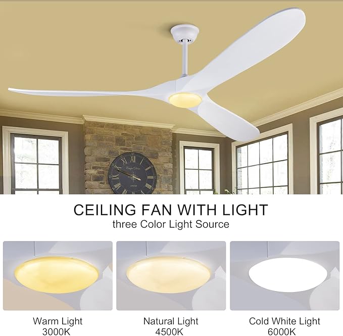 BOJUE Ceiling Fans with Lights 72 inch Indoor Outdoor Ceiling Fan,Wood Ceiling Fan with Remote Control & 3 Wood Blade for Patio Living Room Bedroom (White Blades)