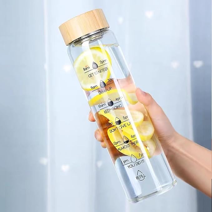 36oz Glass Water Bottle with Time Marker, Leak-Proof,With stainless steel tea strainer, BPA-Free Reusable Hot and Cold Beverages for Office, Gym, Travel