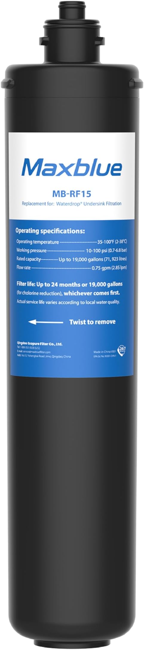 Maxblue RF15 Water Filter, 19K Gallons High Capacity, Replacement for Waterdrop 15UA/15UB Under Sink Water Filtration System