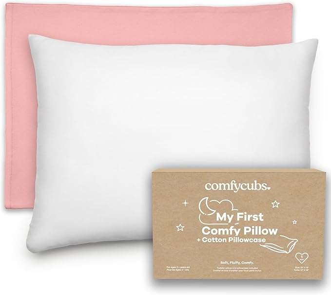 Comfy Cubs Toddler Pillow with Soft Cotton Pillowcase, 13"x18", Blush - Kids Pillow for Sleeping & Travel - Adorable & Comfortable Small Pillow - Kids Travel Pillow with Breathable Microfiber Fill