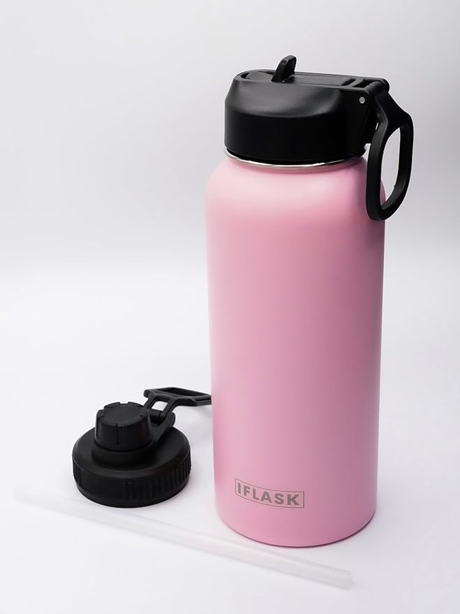 Sport Travel Outdoor Water Bottle with Spout and Straw Lids | Leak Proof | Insulated Stainless Steel Double Walled | BPA and Sweat free | Hot & Cold | For Kids Men & Women (Pink, 32 oz)