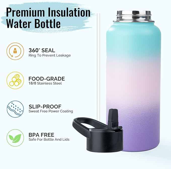 Stainless Steel Water bottle with Straw & Wide Mouth Lid, Wide Rotating Handle, 40oz Double Wall Vacuum Insulated Water Bottle Leak Proof, BPA Free, Keep Cold and Hot, 40oz, Purple Gradient