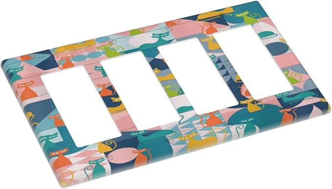 Mid Century Modern Atomic Cute Cats 4 Gang Rocker Decora Light Switch Cover Outlet Covers Wall Plate Decorative Switchplate Electrical Faceplate GFCI for Kidroom Nursery Bedroom Decor