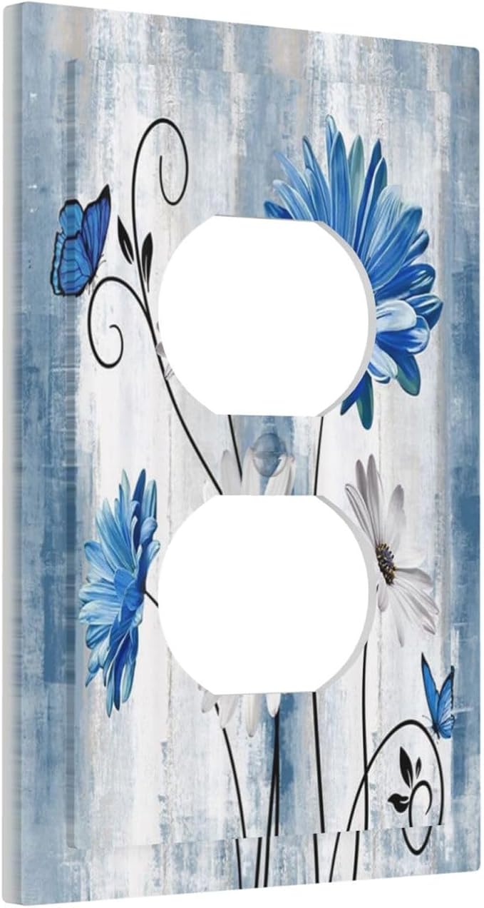 Rustic Teal Blue Daisy Floral Single Duplex Wall Plate Covers Light Switch Cover 1 Gang Outlet Plate Decorative Switchplate Covers Electrical Faceplate for Country Bathroom Bedroom Kitchen Decor