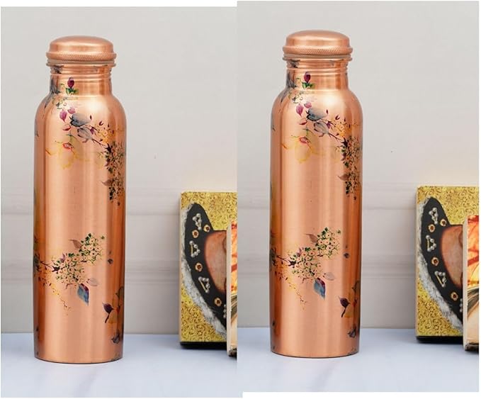 Craft Trade Pure Copper Water Bottle for Drinking 32oz Vintage Antique Set Of 2 Bottle Travel Bottle for Gym, Office, Hiking, Outdoor Ayurvedic Water Vessel