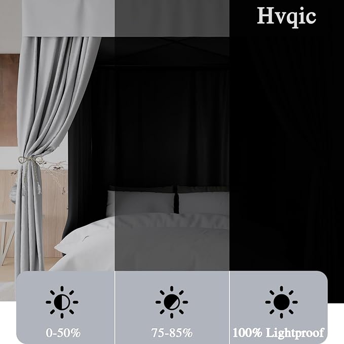 Hvqic Grey Canopy Bed Curtains - 4 Corner Post Bed Curtains King Bed Curtains Lightproof Drapes Bed Canopy for Adults & Girls Bedroom Decoration(King,Grey)