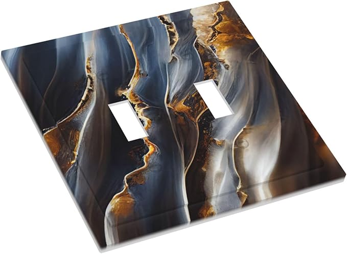 Gradient Abstract Ripple Blue Gold Marble Printed Double Toggle Light Switch Covers 2 Gang Wall Plate Dual Decorative Switchplate Electrical Faceplate for Kitchen Bathroom Bedroom Decor