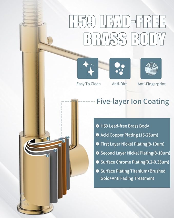 Kitchen Faucet, KF-GB-5001, Brushed Gold, Solid Brass, Single Handle, RV Sink Faucet with Pull Down Sprayer