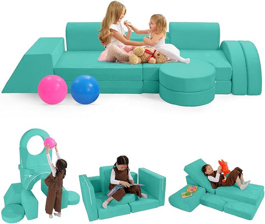 Modular Kids Sofa Play Couch, 12-Piece Kids Couch Sectional Sofa for Playroom Fort Buliding, 3S Instant Rebound and Fully Expand, Versatile Kids Play Couch for Toddler to Teen