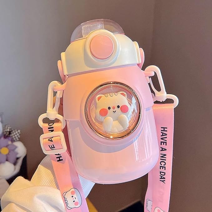 Kawaii Water Bottle with Straw,Travel Cute Water Bottles with Adjustable Strap Leak Proof BPA Free Wide Mouth Water Cup with Lid for Girls, School (Pink)