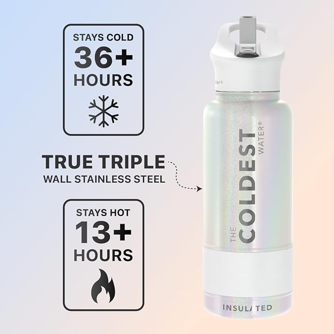 Coldest Sports Water Bottle with Straw Lid Vacuum Insulated Stainless Steel Metal Thermos Bottles Reusable Leak Proof Flask for Sports Gym(32 oz, Cosmic Ice Glitter)