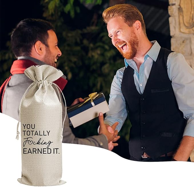 JioJio Chan You Totally Fucking Earned it Funny Wine Bags, New Job Gift, You Got the Job Gift, Funny New Job Gift, Job Promotion Gift, Burlap Drawstring Wine Bag, Personalized (J354)