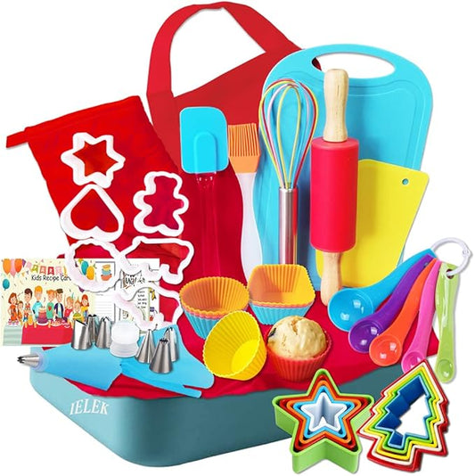 Kids Cooking Baking Gift Set with Recipe Cooking Supplies Cards - Junior Aprons Chef Hat for Girls & Boys - Real Accessories & Utensils for the Curious Child