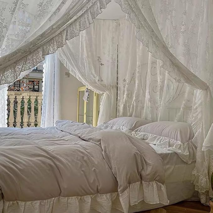 Elegant Lace Princess 4 Corner Post Mosquito Net Romantic for Girls Women Bed Curtain Canopy for Adult Wedding Bedroom Kids Rooms Decoration (Type3-Beige-White, California King)