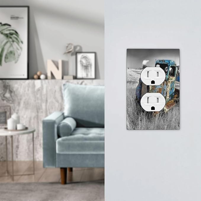 Vintage Country Old Blue Truck 1 Gang Outlet Plate Covers Decorative Single Duplex Wall Plate Rustic Electrical Receptacle Light Switch Cover Art Faceplate Switchplate for Bathroom Living Room Decor