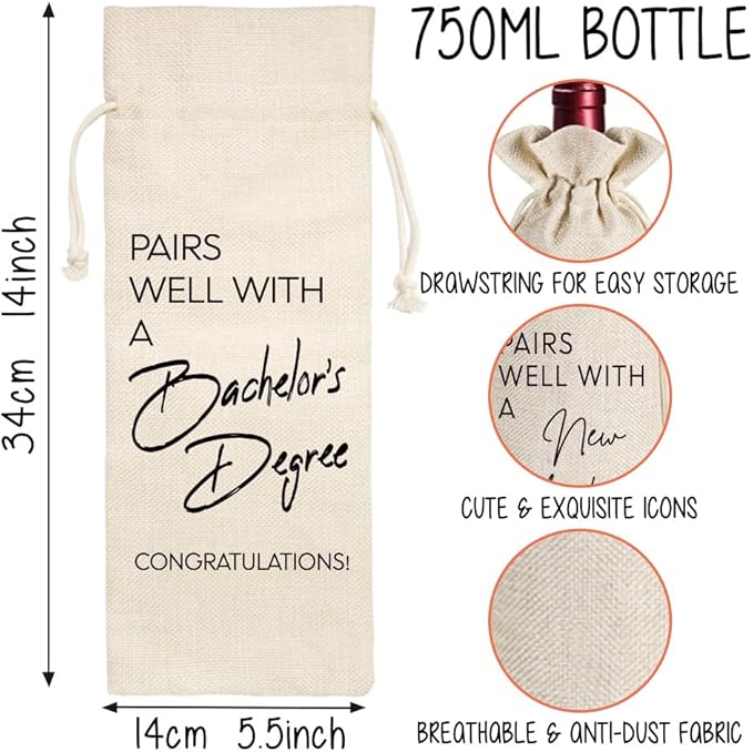 Students Graduation Gifts, Bachelor's Degree Graduation Wine Bag, Pairs Well With A Bachelor's Degree Gift, Funny University Graduation Gifts, College Students Graduation Gifts for Women Men-22