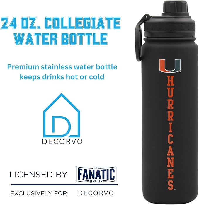 Miami Hurricanes Water Bottle - Black Double Walled Stainless Steel 24 oz Keeps Drinks Cold or Hot