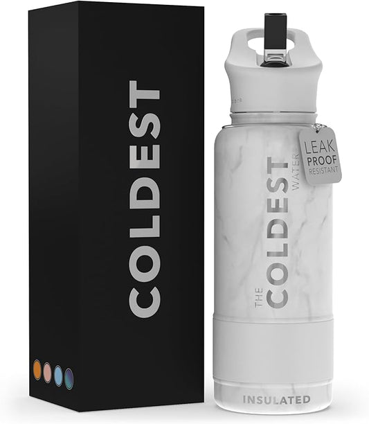 Coldest Sports Water Bottle with Straw Lid Vacuum Insulated Stainless Steel Metal Thermos Bottles Reusable Leak Proof Flask for Sports Gym(32 oz, Marble White)