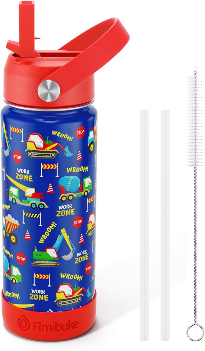 Fimibuke Kids Insulated Water Bottle - 18oz BPA-FREE 18/8 Stainless Steel Kids Cup with Straw Travel Tumbler Double Wall Vacuum Leak Proof Toddler Water Bottle for School Boys Girls(1 Pack, Trucks)