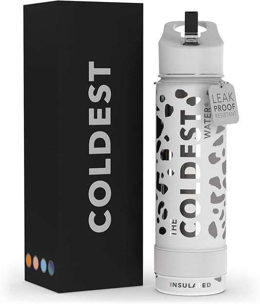 Coldest Sports Water Bottle - (Straw Lid), Leak Proof, Vacuum Insulated Stainless Steel, Hot Cold, Double Walled, Thermo Mug, Metal Canteen (24 oz, Silver Leopard)