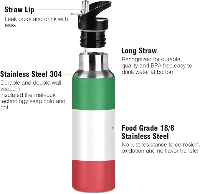 Italian Flag Sports Water Bottle, Double Wall Vacuum Insulated Stainless Steel Water Bottle with Straw Keeps Hot and Cold, Bike Running Sports Travel Gym 20oz