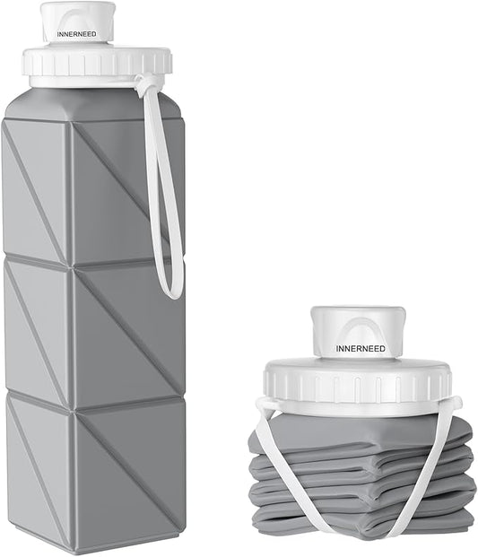 INNERNEED Collapsible Water Bottle, Reuseable BPA Free Silicone Foldable Water Bottles for Travel Gym Camping Hiking, 20.6 fl.oz, Portable, Food-Grade, Leak Proof (1 Pack, Gray)