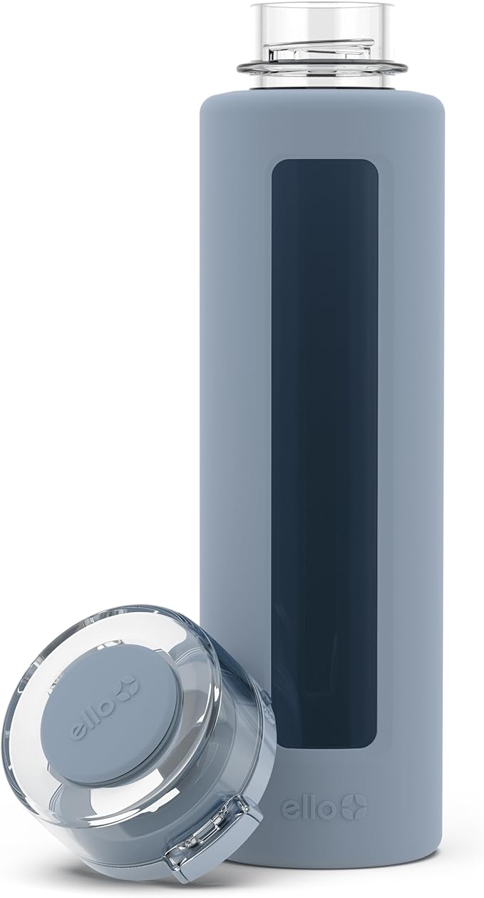 Ello Syndicate Glass Water Bottle with One-Touch Flip Lid and Protective Silicone Sleeve and Carry Loop, BPA Free, Dishwasher Safe,20oz