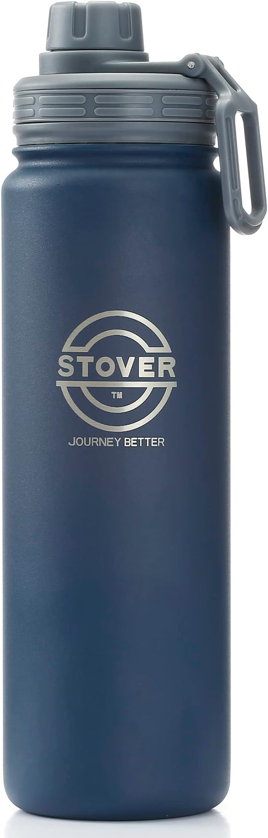 STOVER 25oz Insulated Water Bottle, Wide Mouth Double-Walled Stainless Steel- Vacuum Sealed, Leakproof, Durable, Slim Design Fits in Cup Holder- Flip Top Lid/Spout for Travel- Women/Men (Navy Blue)