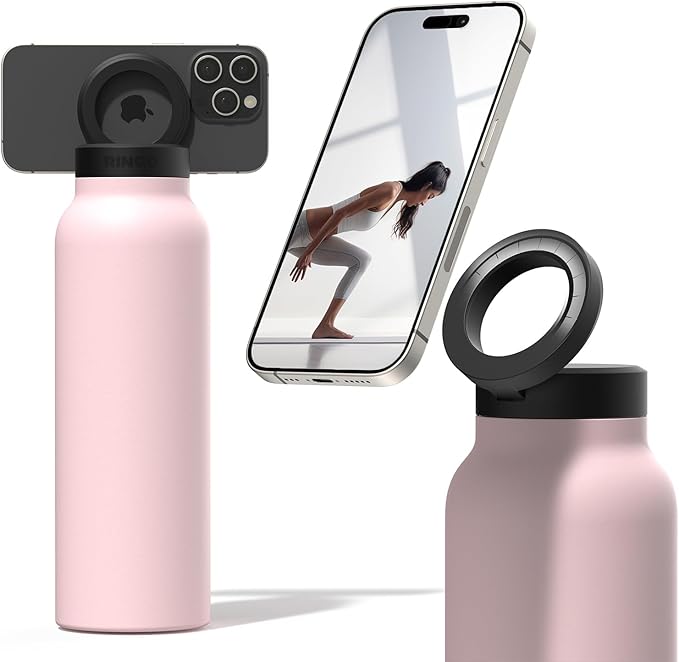 Ringo Insulated Water Bottle - Compatible MagSafe Water Bottle w/Phone Holder - Stainless Steel School Water Bottle w/Magnetic Phone Mount for Kids & Adult -Hot 12H, Cold 24H 360° Rotate - Pink 32oz