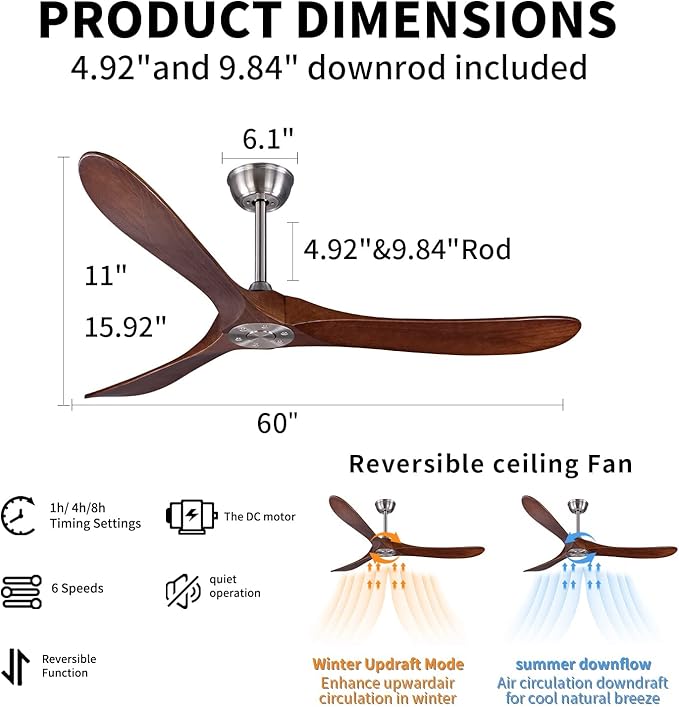 Bigzone 60" Ceiling Fan No Light, Energy Efficient DC Motor, 3 Brown Solid Wood Blades, Wood Ceiling Fan with Remote Control,Brushed Nickel Ceiling Fan With Reversible Blades