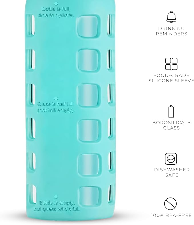 purifyou Premium 40/32 / 22/12 oz Glass Water Bottles with Volume & Times to Drink, Silicone Sleeve & Stainless Steel Lid Insert, Reusable Bottle for Fridge Water, Milk, Juice (12oz Aqua Blue)