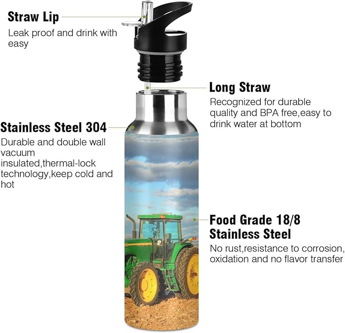 Tractor Stainless Steel Water Bottle with Straw Lid - 20 Oz Sports Insulated Water Bottle Thermos for Sport Gym Outdoor Travel School