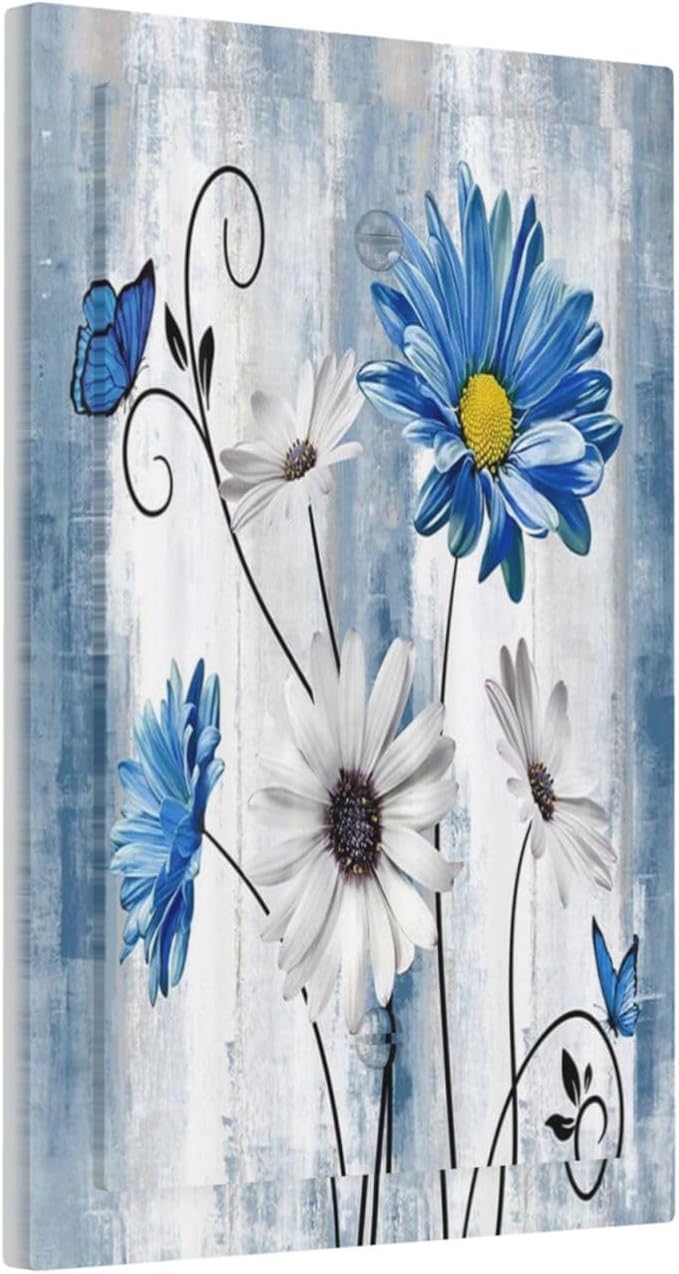 Rustic Teal Blue Daisy Floral Farmhouse 1 Gang Light Switch Covers No Device Wall Plate Decorative Blank Switchplate Electrical Faceplate for Country Bathroom Bedroom Decor