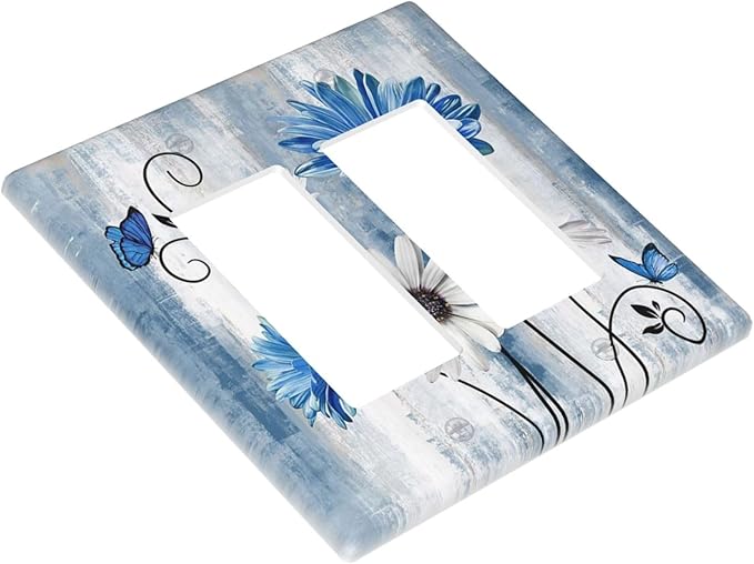 Rustic Teal Blue Daisy Floral 2 Gang Rocker Decora Light Switch Covers Dual Outlet Covers Wall Plate Decorative Switchplate Electrical Faceplate GFCI for Country Bathroom Bedroom Kitchen Decor