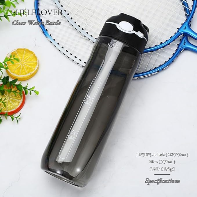 SHELFLOVER Black Water Bottle With Narrow Straw, BPA FREE Clear Bottles With Handle One Hand Use Easy Carried, Flip Up, Suit School, Office, Gym, Office, 24oz (750ml), SLWB24OZP