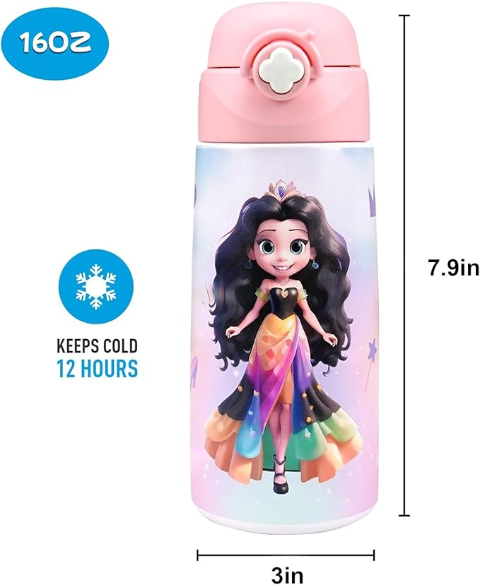 Kids Insulated Water Bottle with Covered Pop-Up Straw,16oz Kids Cups with Stainless Steel Leak Proof for School Boys Girls（5-Princess）